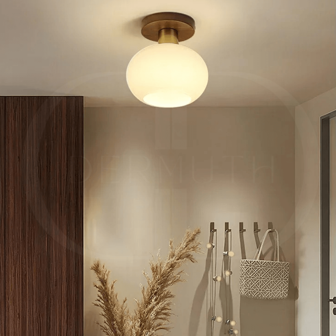 Deckenleuchte Holz & Milchglas